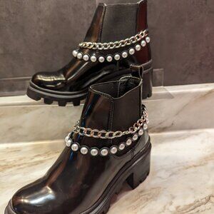 Vialibera Ladies Boots Shiny Black with Chain and Pearl Accents